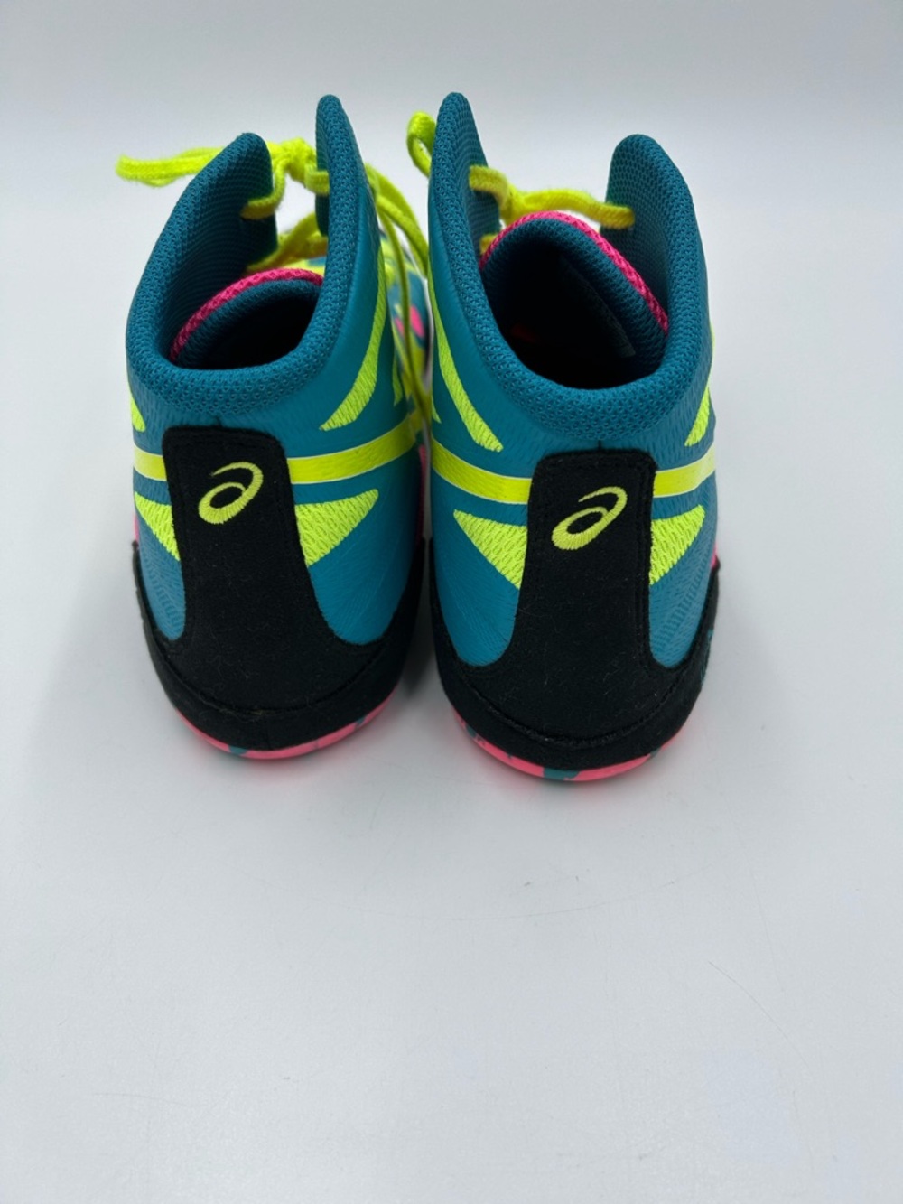 Asics JB Elite Wrestling J3A1Y Shoes Teal Neon Yellow Pink Accents 11 Preowned - Picture 4 of 8